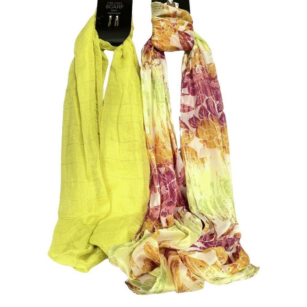 Fashion Scarves (2) Tropical Multicolor Floral & Lemon with Metallic Stripe NEW